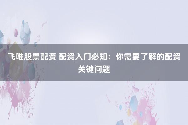 飞唯股票配资 配资入门必知：你需要了解的配资关键问题